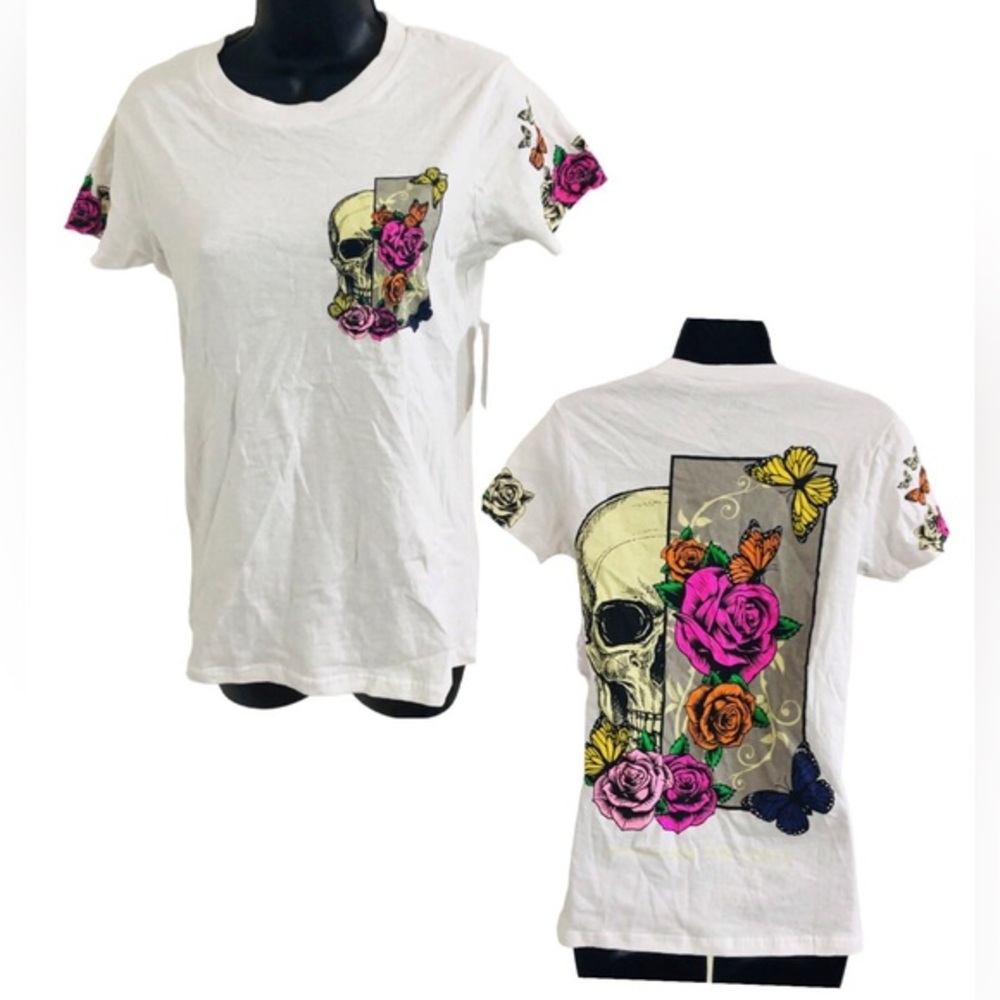 White butterfly floral skull Roses graphic‎ print t-shirt size small brand new - Picture 2 of 15